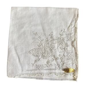 1940s White Cotton Embroidered Hanky Butterflies Floral Handkerchief Bridal